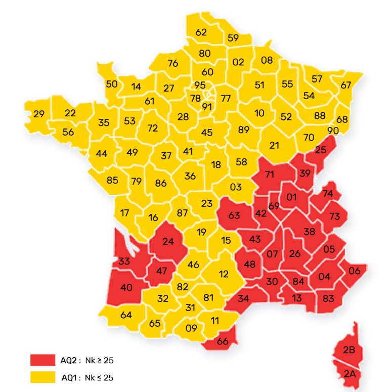 Carte des zones AQ1 et AQ2 en France métropolitaine
