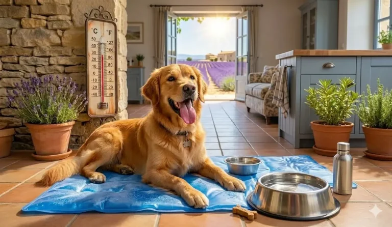 chien dans une maison, qui a chaud, qui tire la langue avec2 gamelles d'eau
