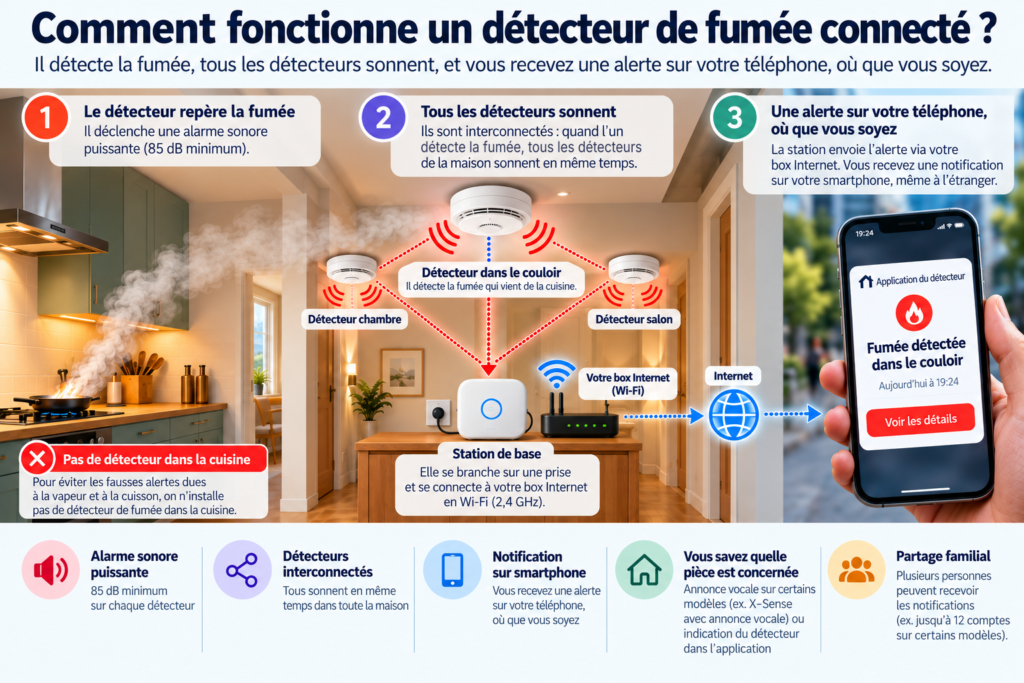 Schéma : le détecteur du couloir repère la fumée, tous les détecteurs sonnent, la station Wi-Fi envoie une alerte sur le téléphone