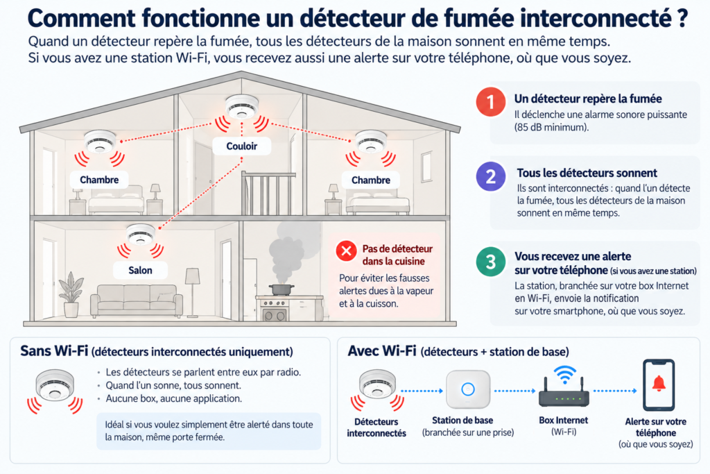 Schéma d’une maison à étage : quand un détecteur repère la fumée, tous les détecteurs sonnent ; avec une station Wi-Fi, une alerte arrive aussi sur le téléphone